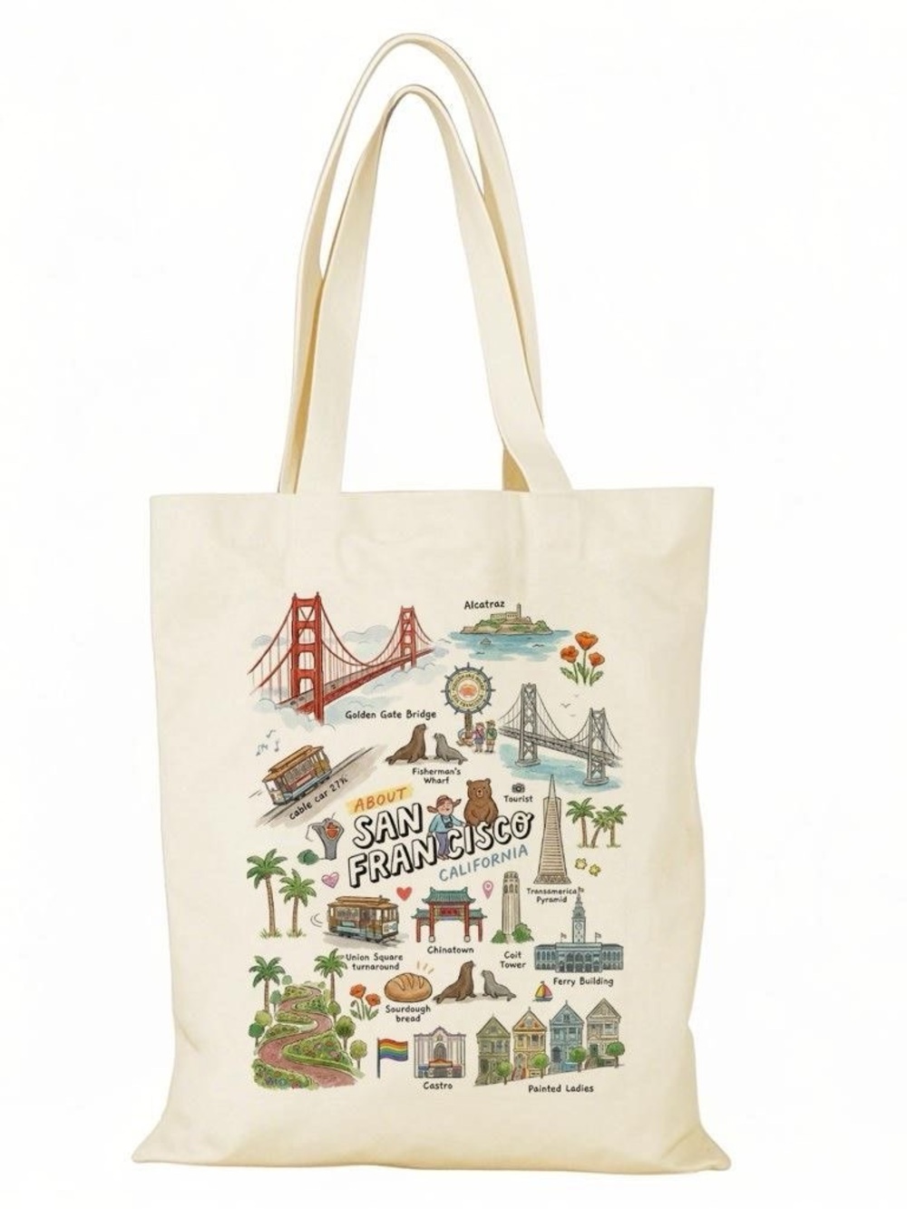 San Francisco Illustrated Canvas Tote Bag - Cream